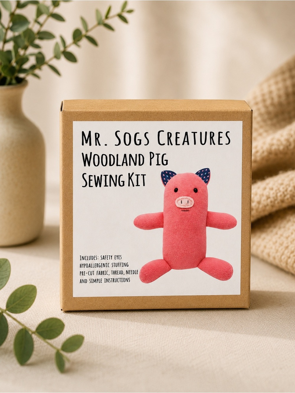 Mr. Sogs Creatures Woodland Pig Sewing Kit – DIY Plush Pig Craft Kit